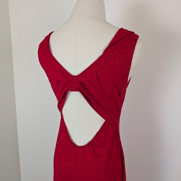90s Red Glitter Maxi Dress Sleeveless Open Back Slit Floor Length Bodycon - Picture 2 of 13